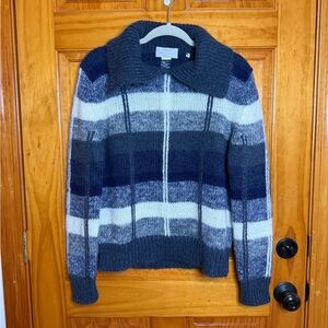 Barneys New York Mohair Wool Blend Blue Striped Knit Collar Sweater Size Large